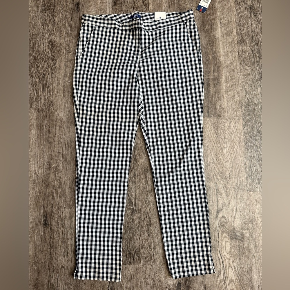 NEW Izod Chino Pants Womens Size  14 Mid Rise Black White Check Gingham Slit Hem